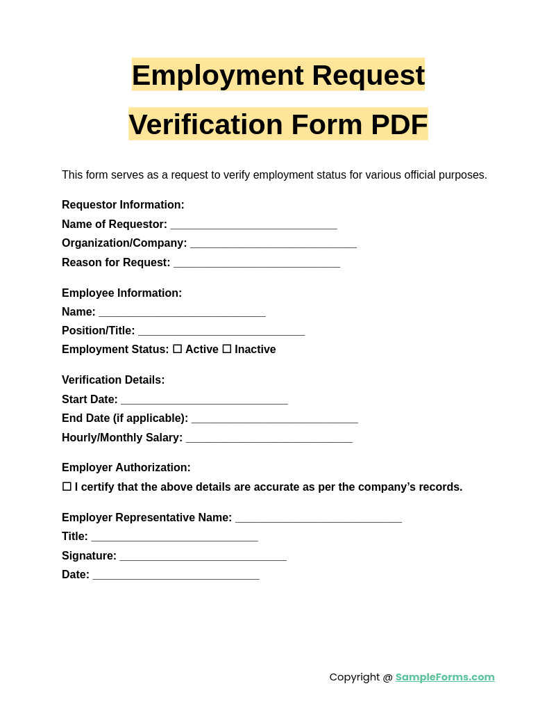 FREE 13 Employment Verification Form Samples PDF MS Word Google Docs Excel