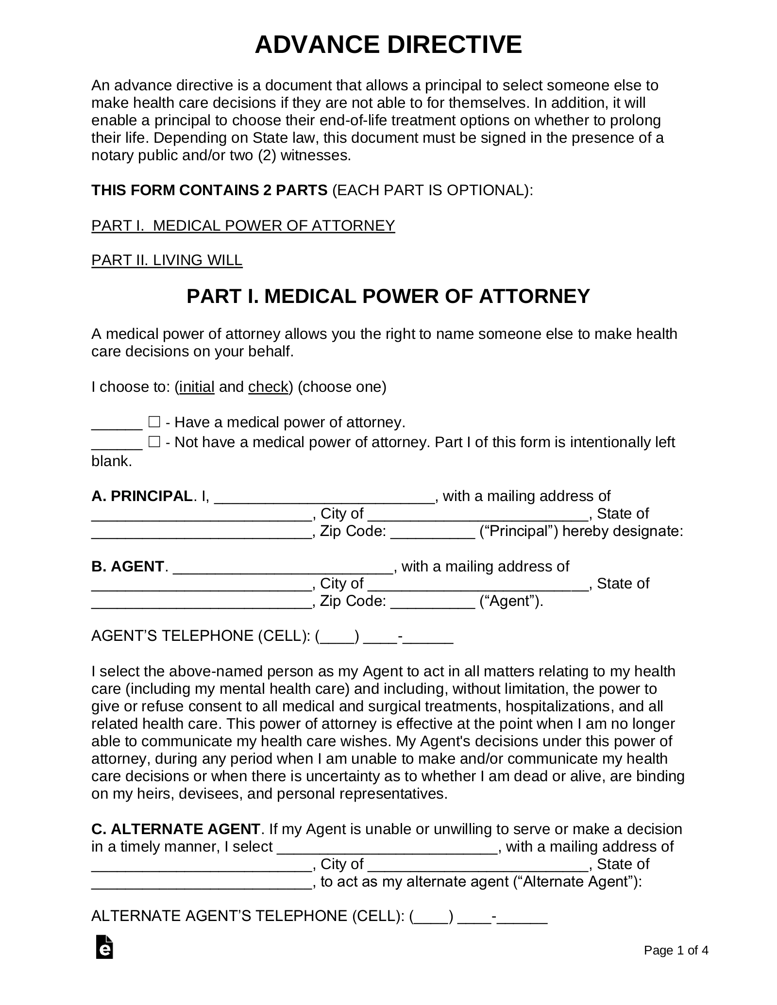 Free Advance Directive Form PDF Word EForms