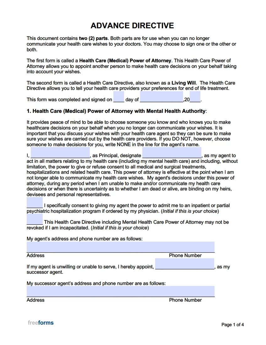 Free Advance Directive Forms Medical Power Of Attorney Living Will PDF Word