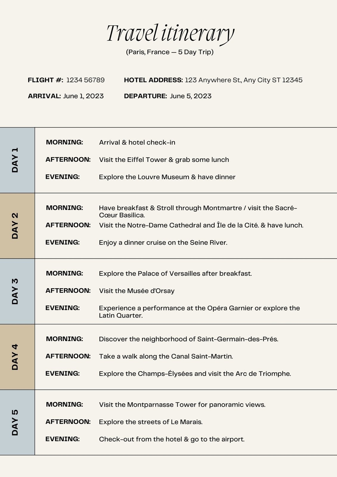 business travel itinerary sample