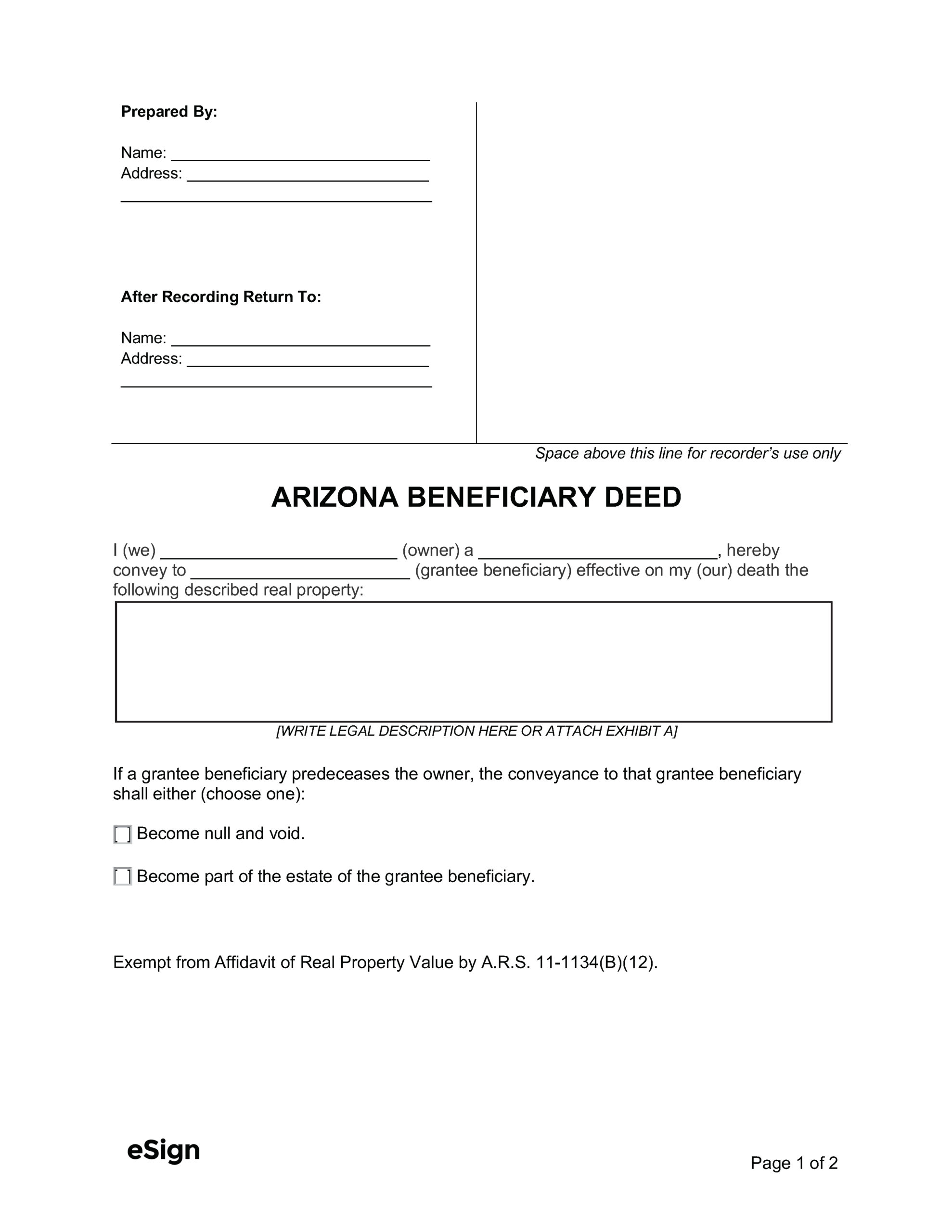 Free Arizona Beneficiary Deed Form PDF Word