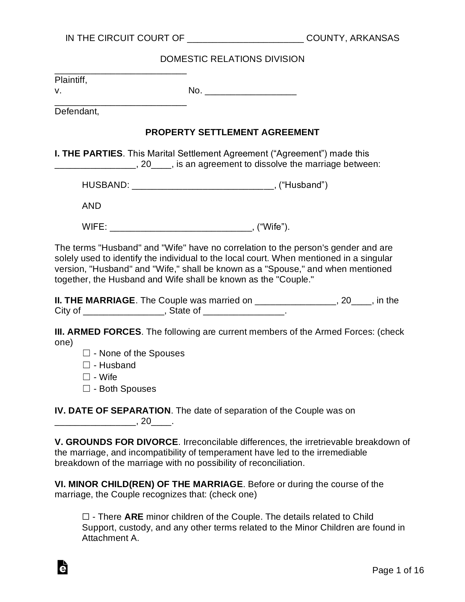 Free Arkansas Marital Settlement Divorce Agreement PDF Word EForms