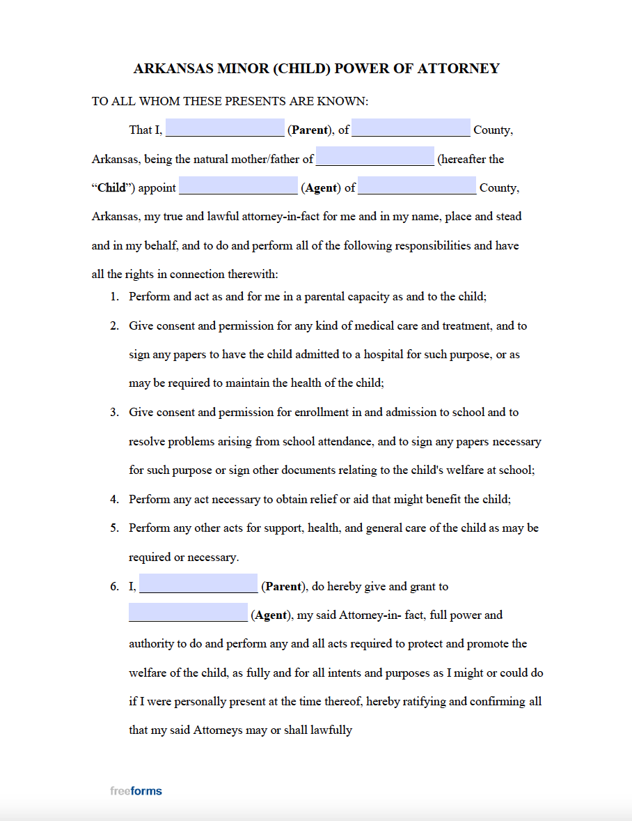 Free Arkansas Minor Child Power Of Attorney Form PDF