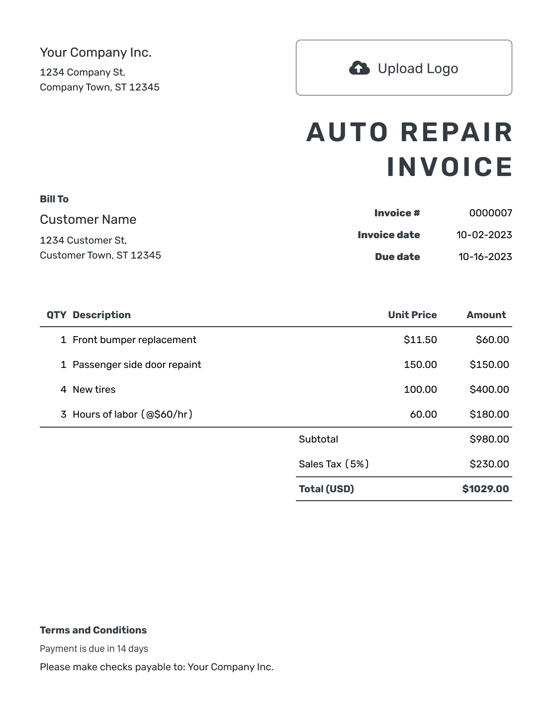 free car repair invoice template