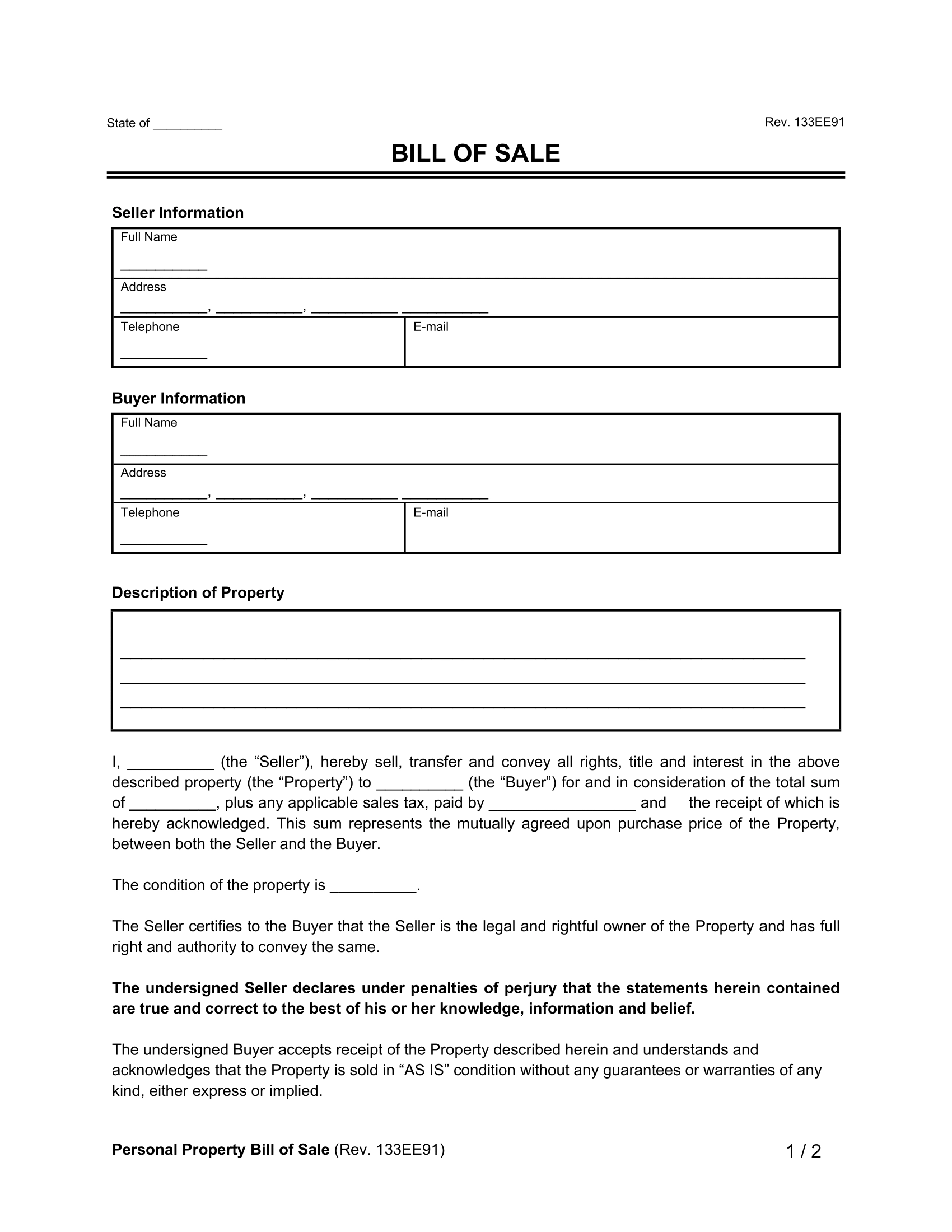 free bill of sale printable form