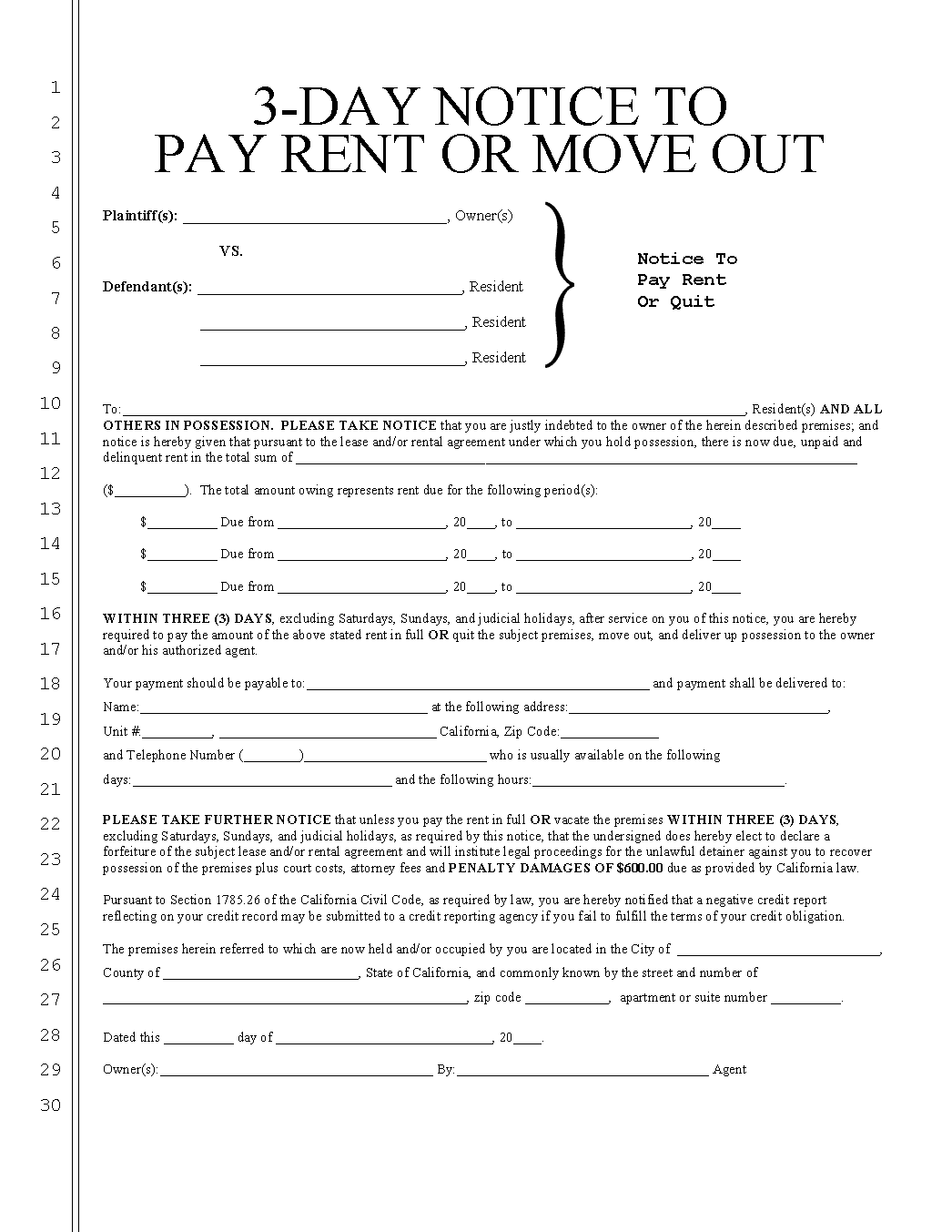 free printable 3 day notice form
