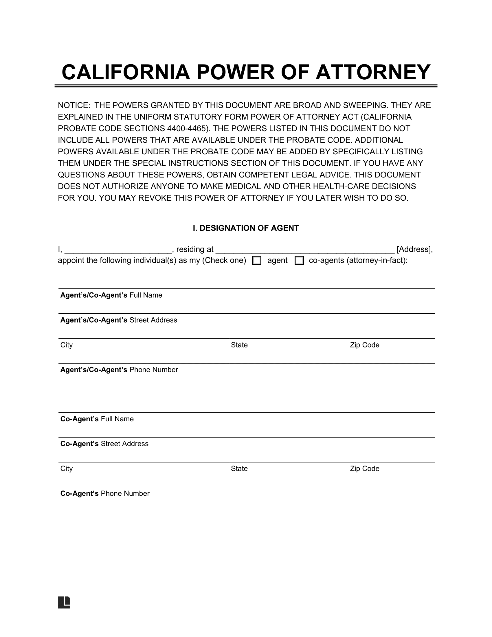 power of attorney form free printable