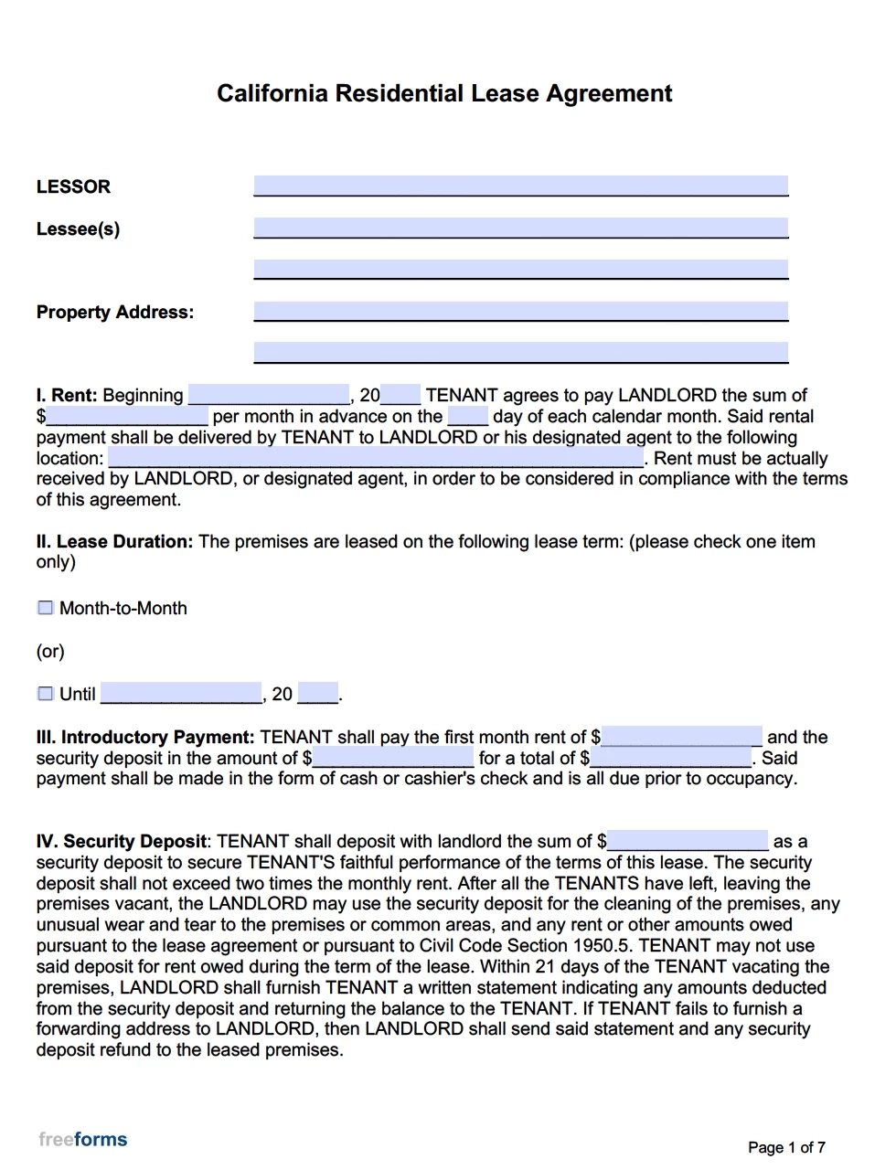 lease agreement form free printable