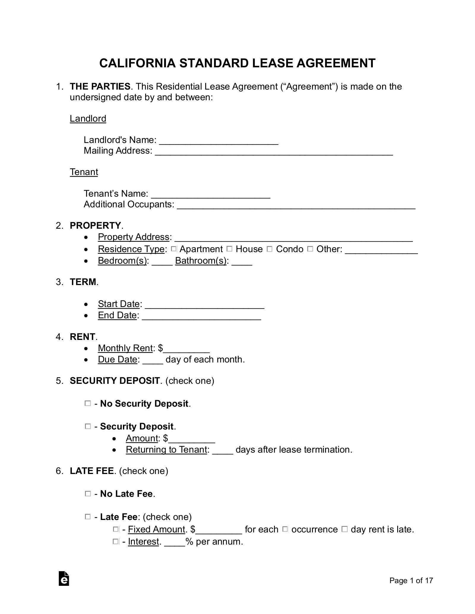 Free California Standard Residential Lease Agreement Template PDF Word EForms
