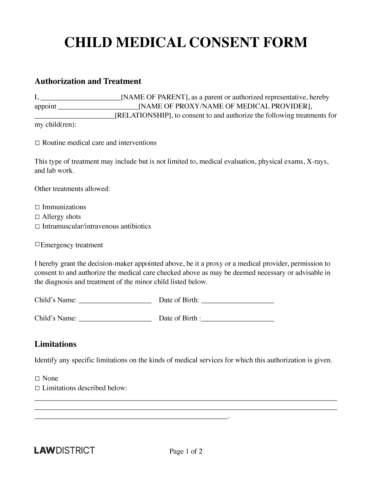 Free Child Medical Consent Form Online Template Lawdistrict