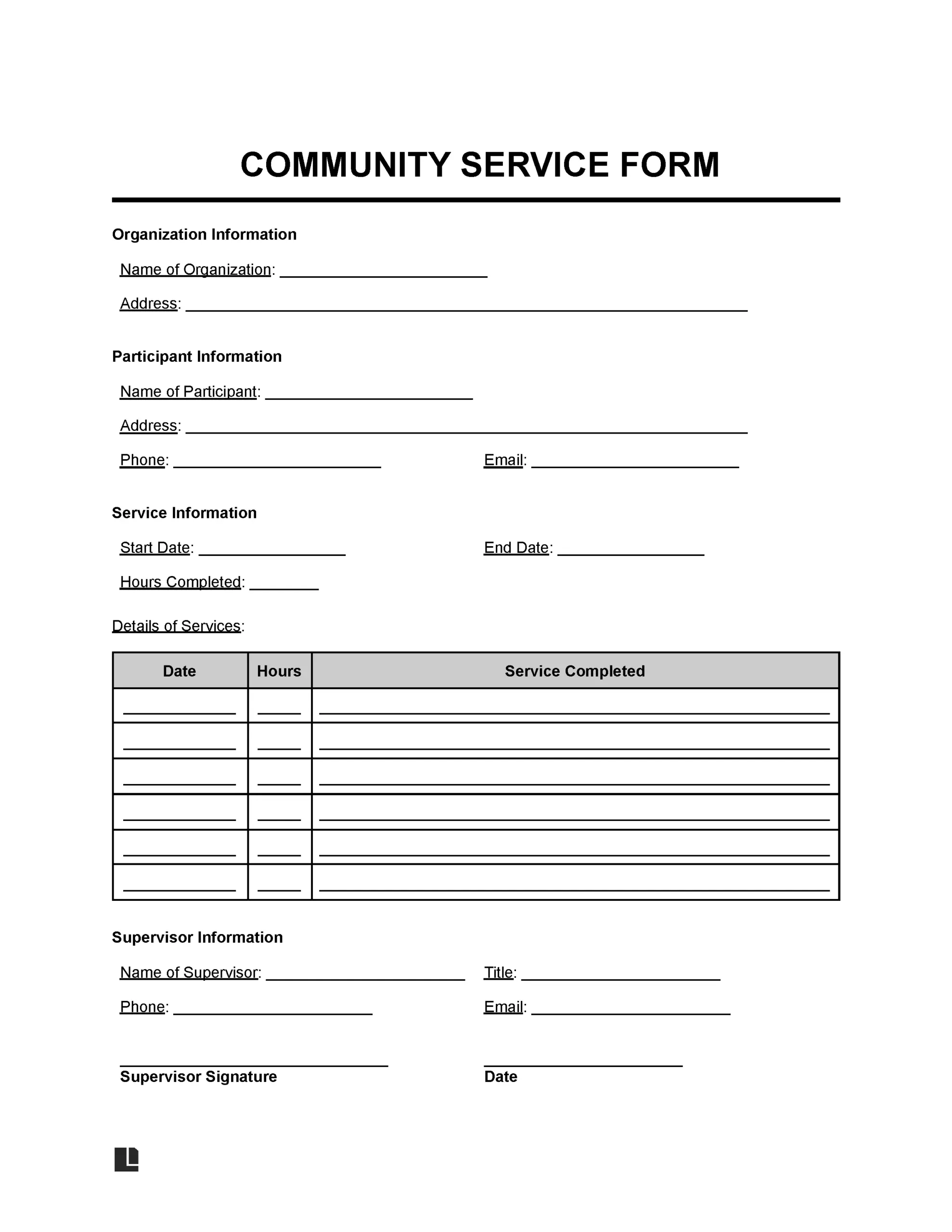 Free Community Service Form PDF Word