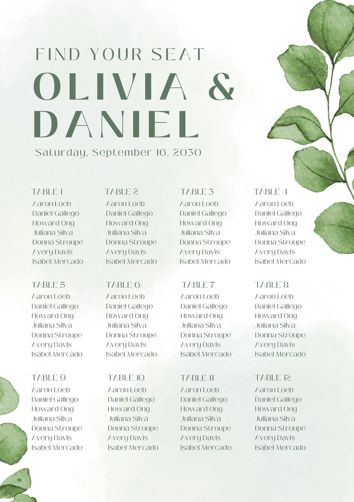 printable wedding seating chart