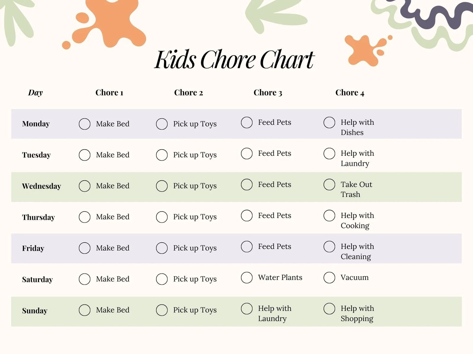 family chore chart free printable