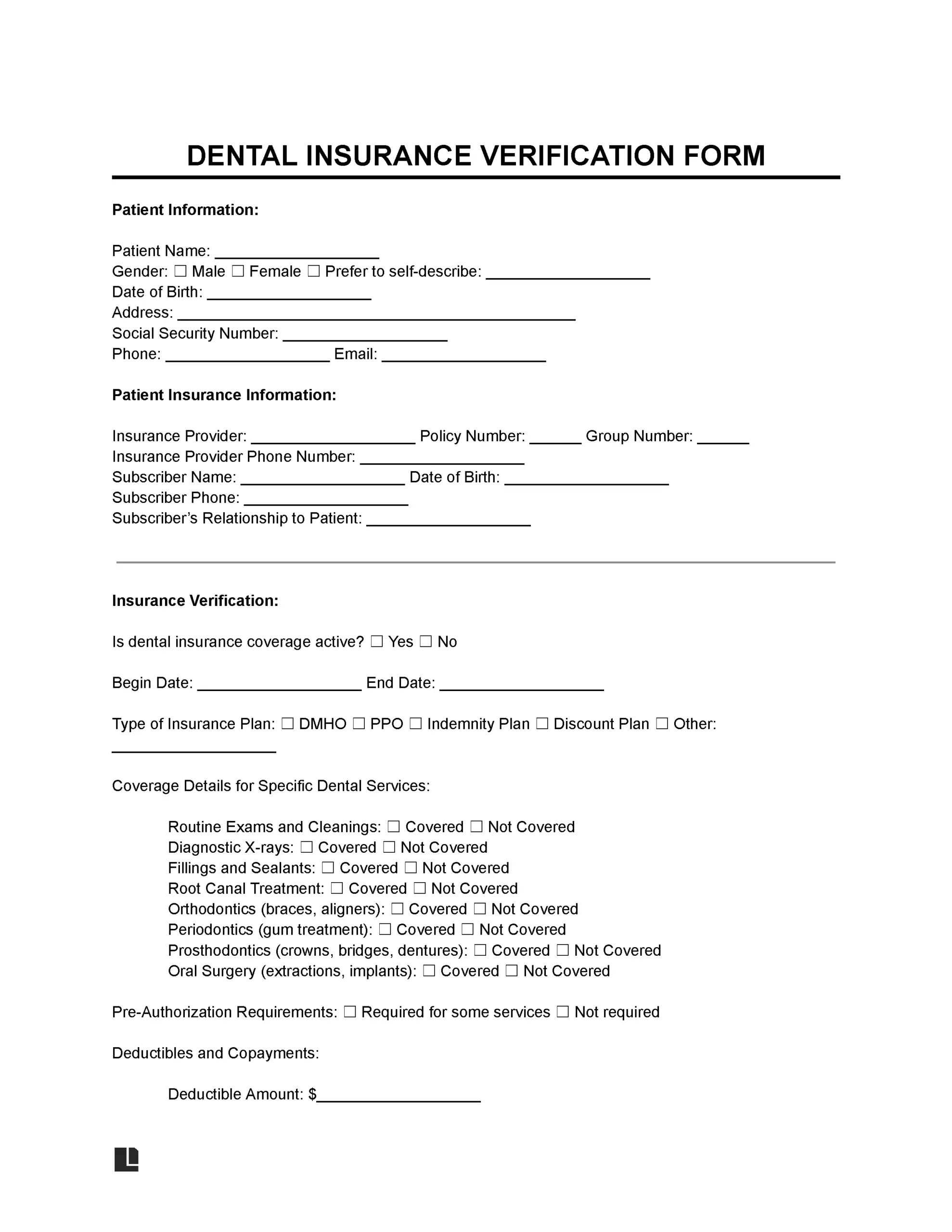 Free Dental Insurance Verification Form PDF Word