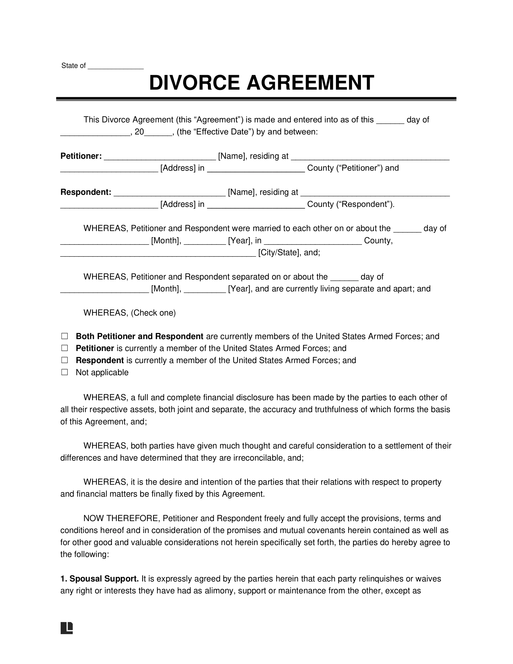 Free Divorce Agreement Template PDF Word