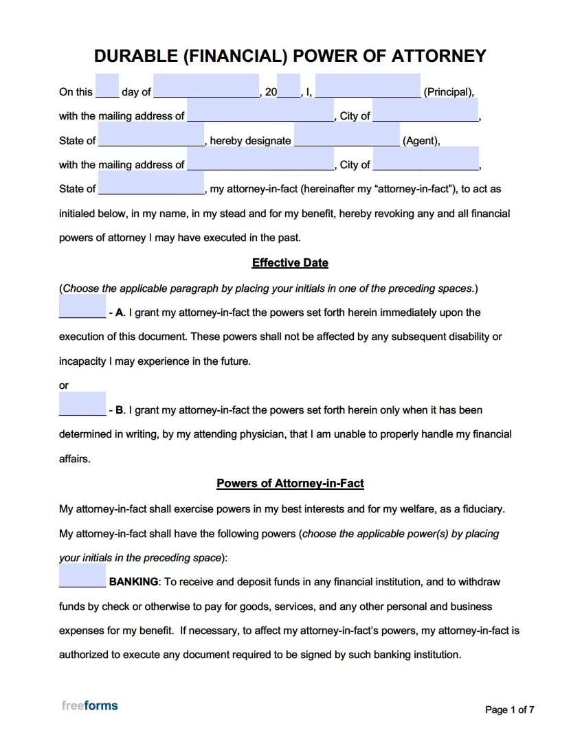 Free Durable Financial Power Of Attorney Forms PDF Word