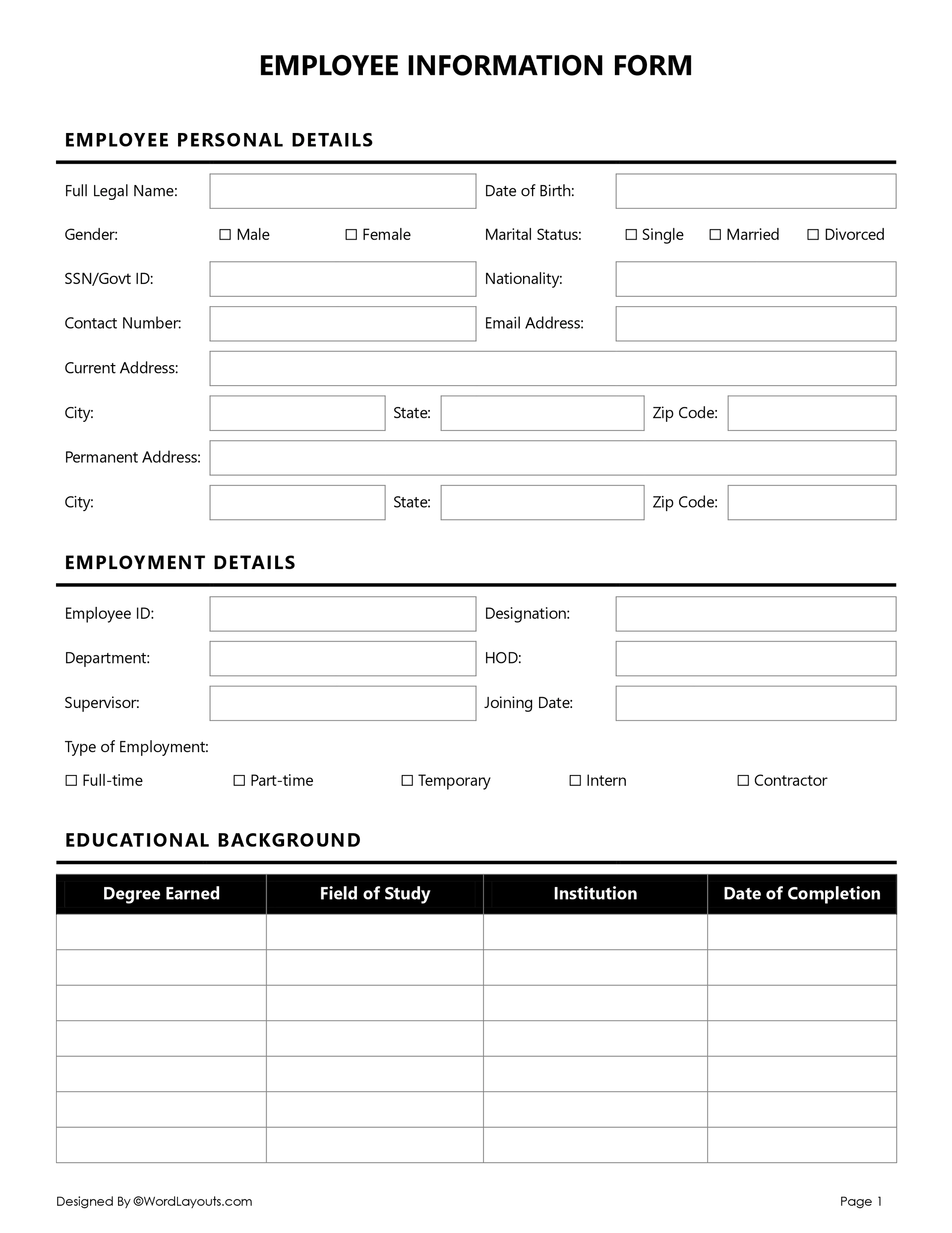 Free Employee Information Form WordLayouts