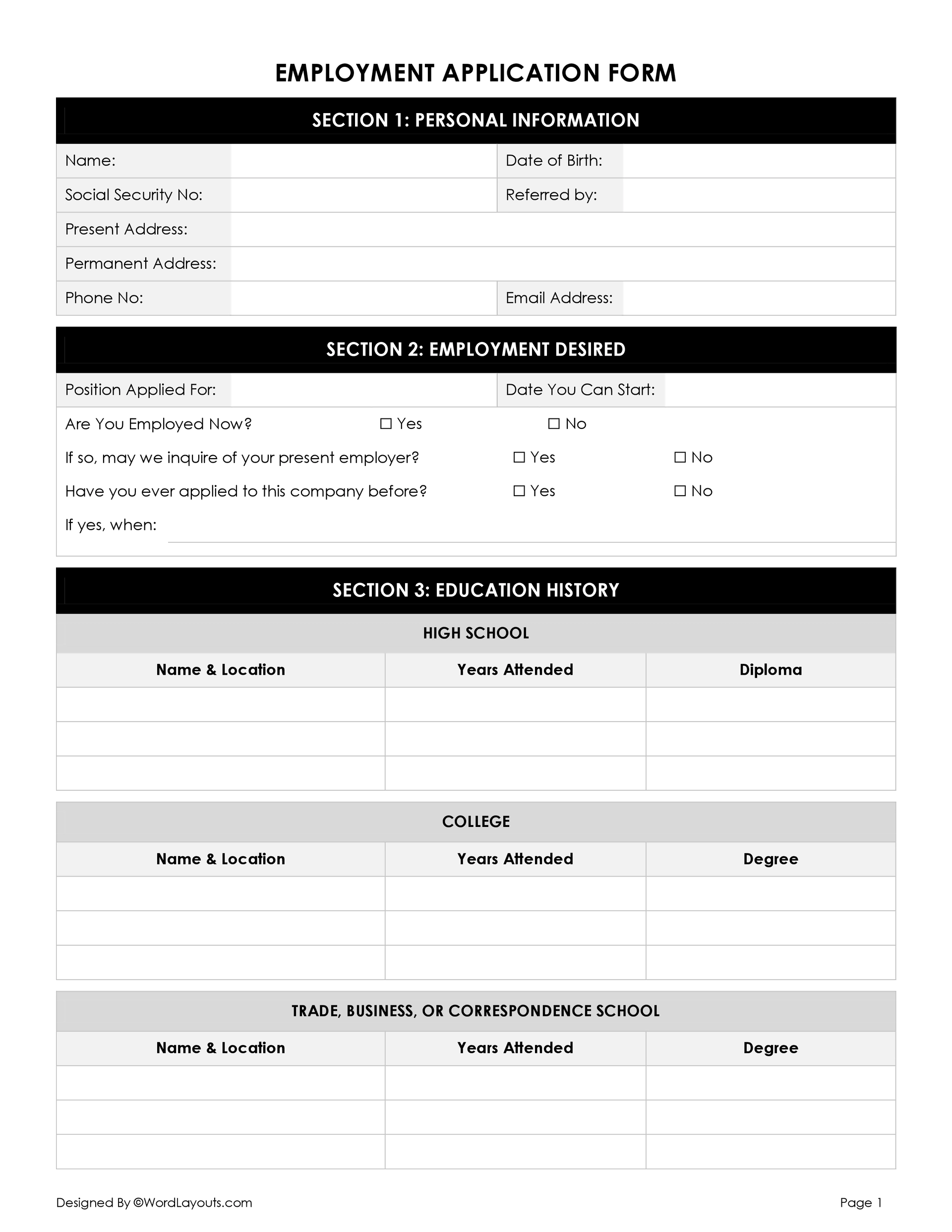 Free Employment Application Form Template WordLayouts