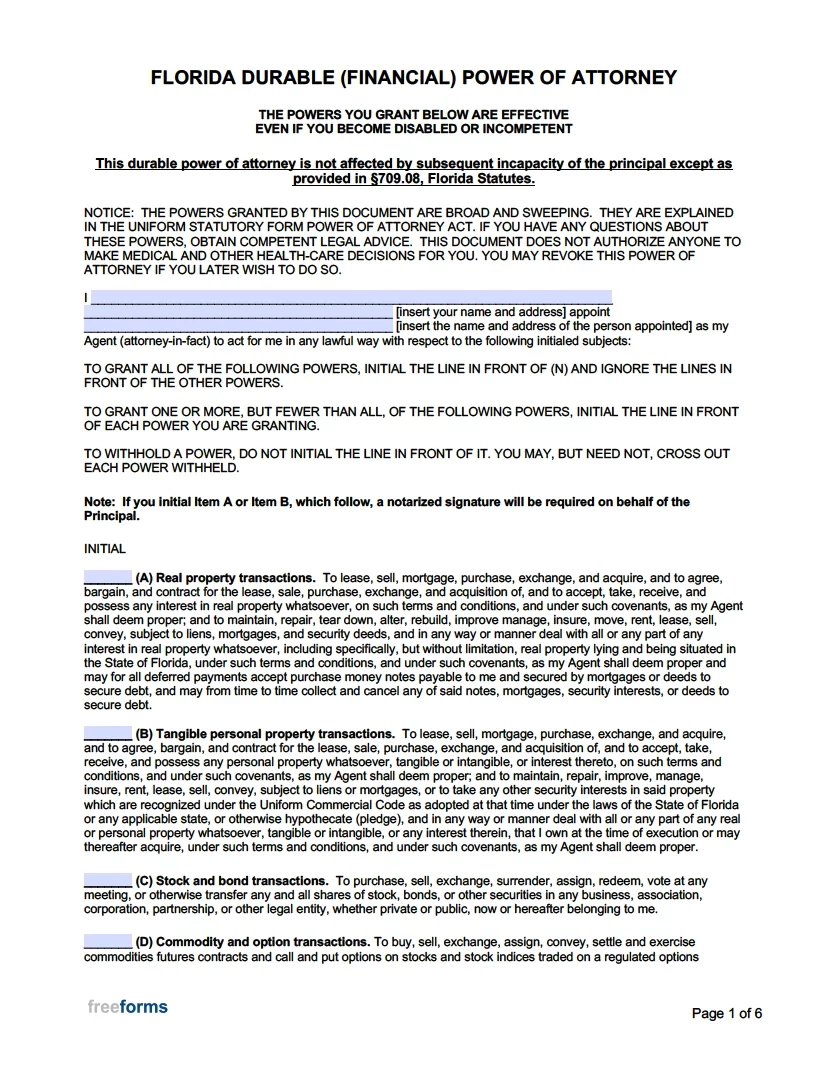 printable power of attorney form florida