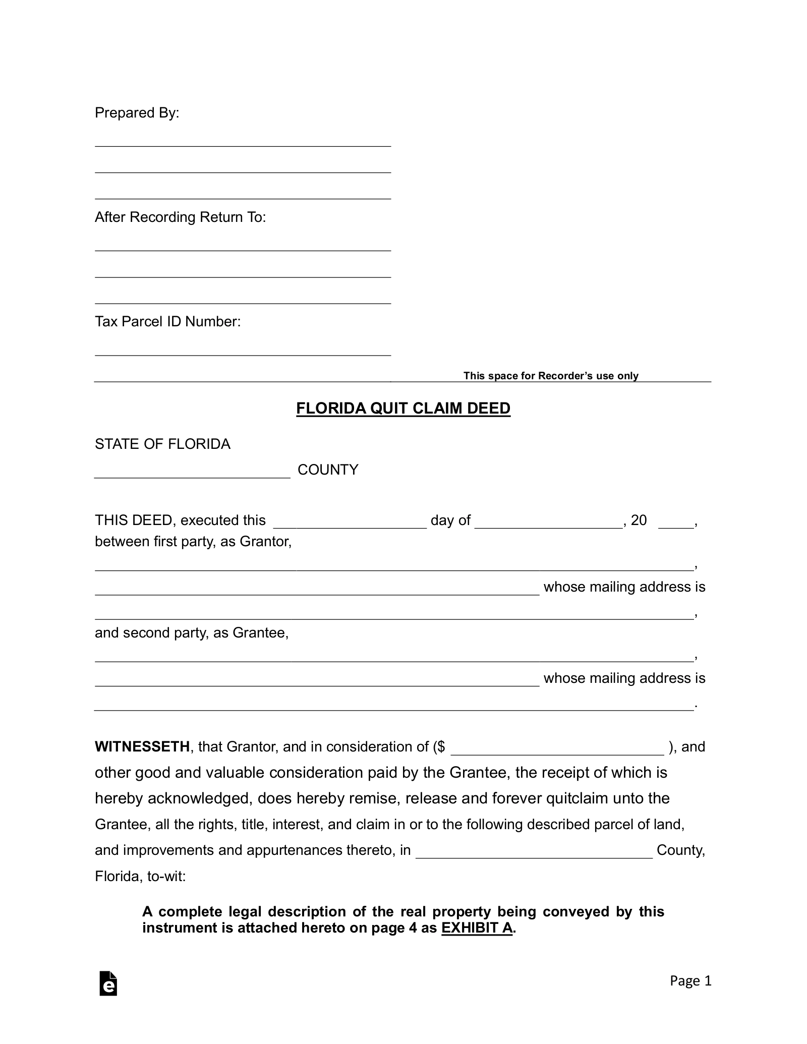 Free Florida Quit Claim Deed Form PDF Word EForms