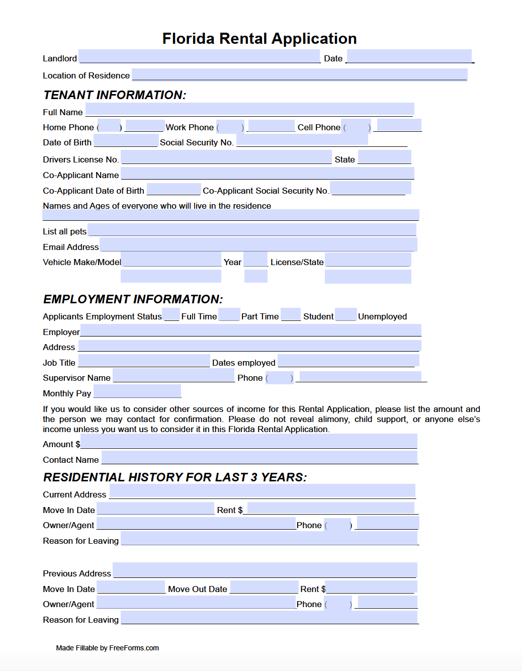 printable basic rental application form pdf