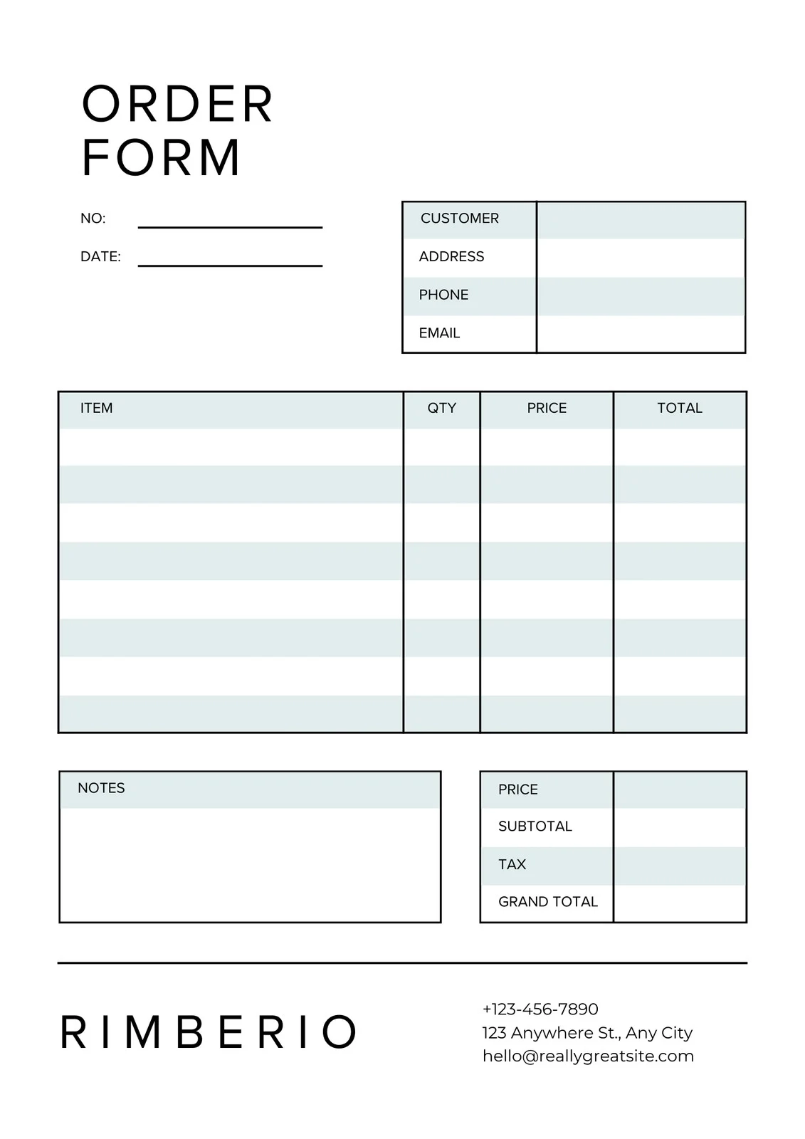 printable order form template