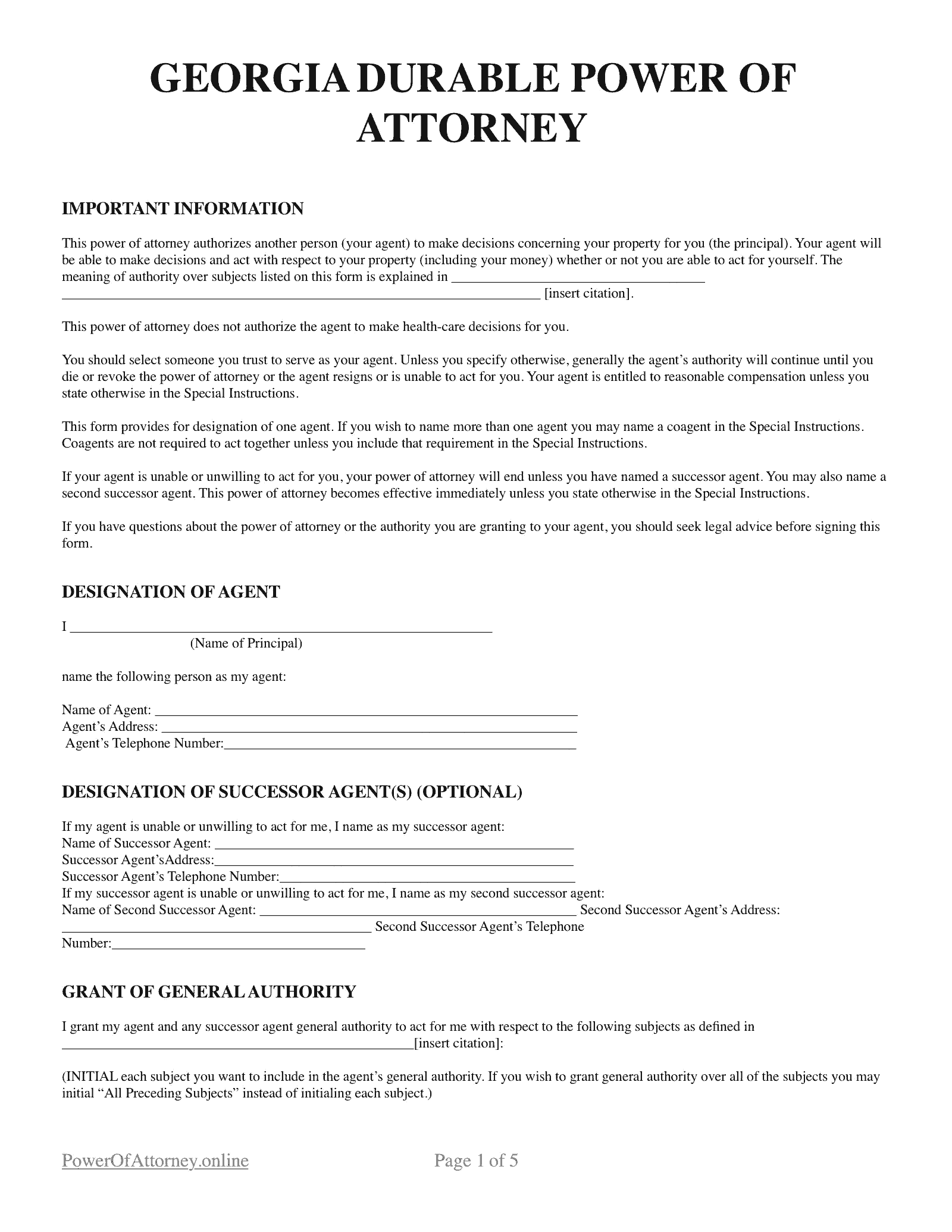 Free Georgia GA Power Of Attorney Forms Templates PDF