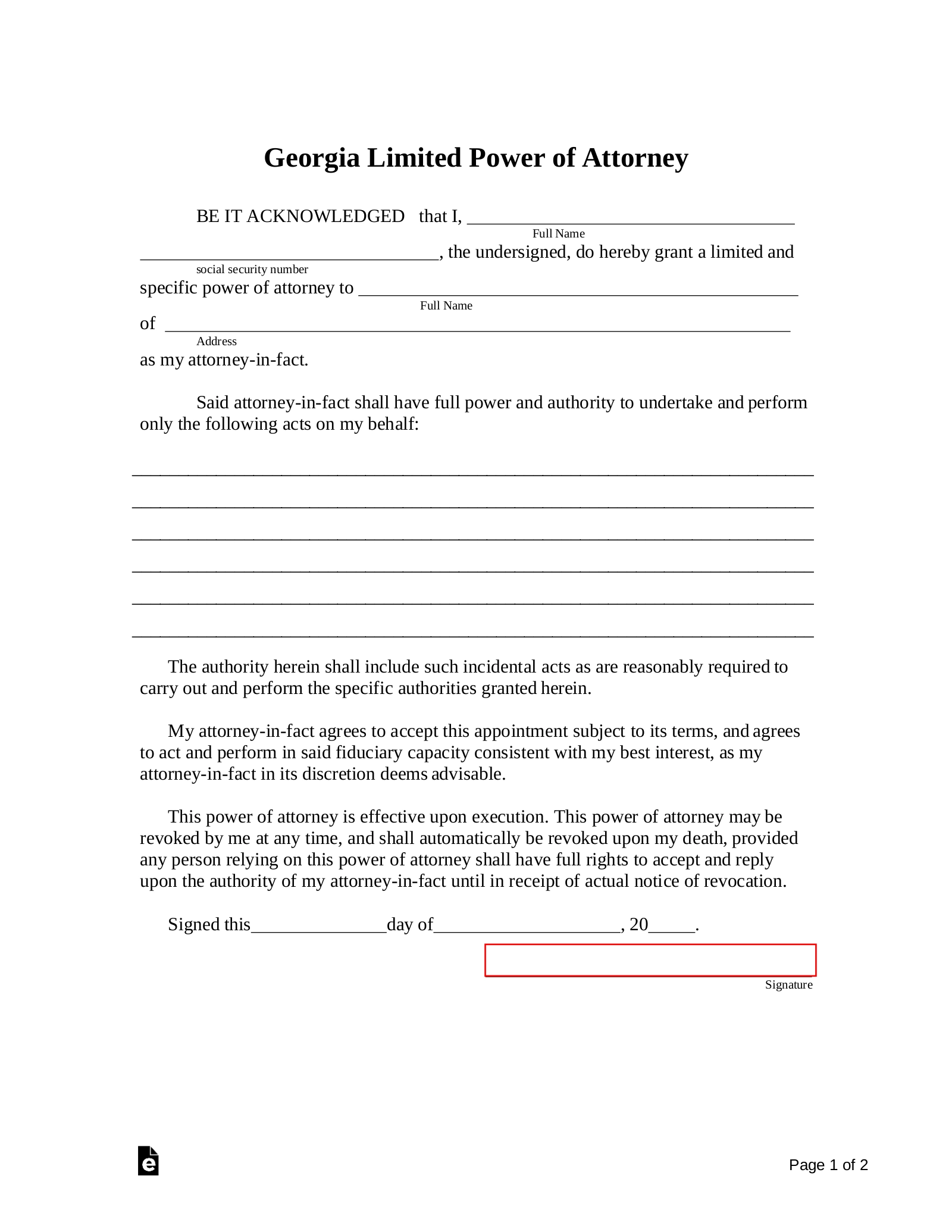 Free Georgia Limited Power Of Attorney Form PDF Word EForms