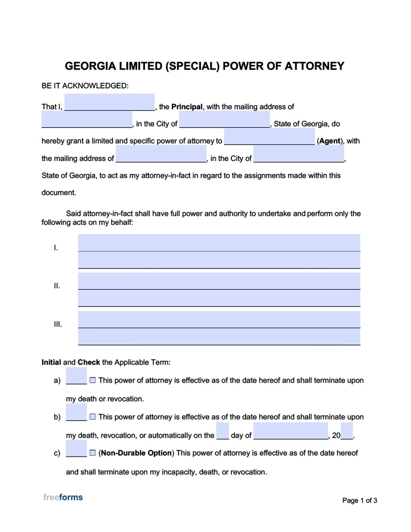 Free Georgia Limited Special Power Of Attorney Form PDF Word