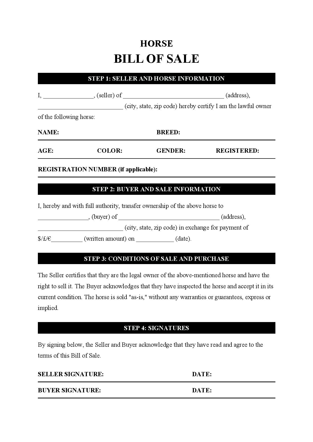 Free Horse Bill Of Sale Template PDF Word