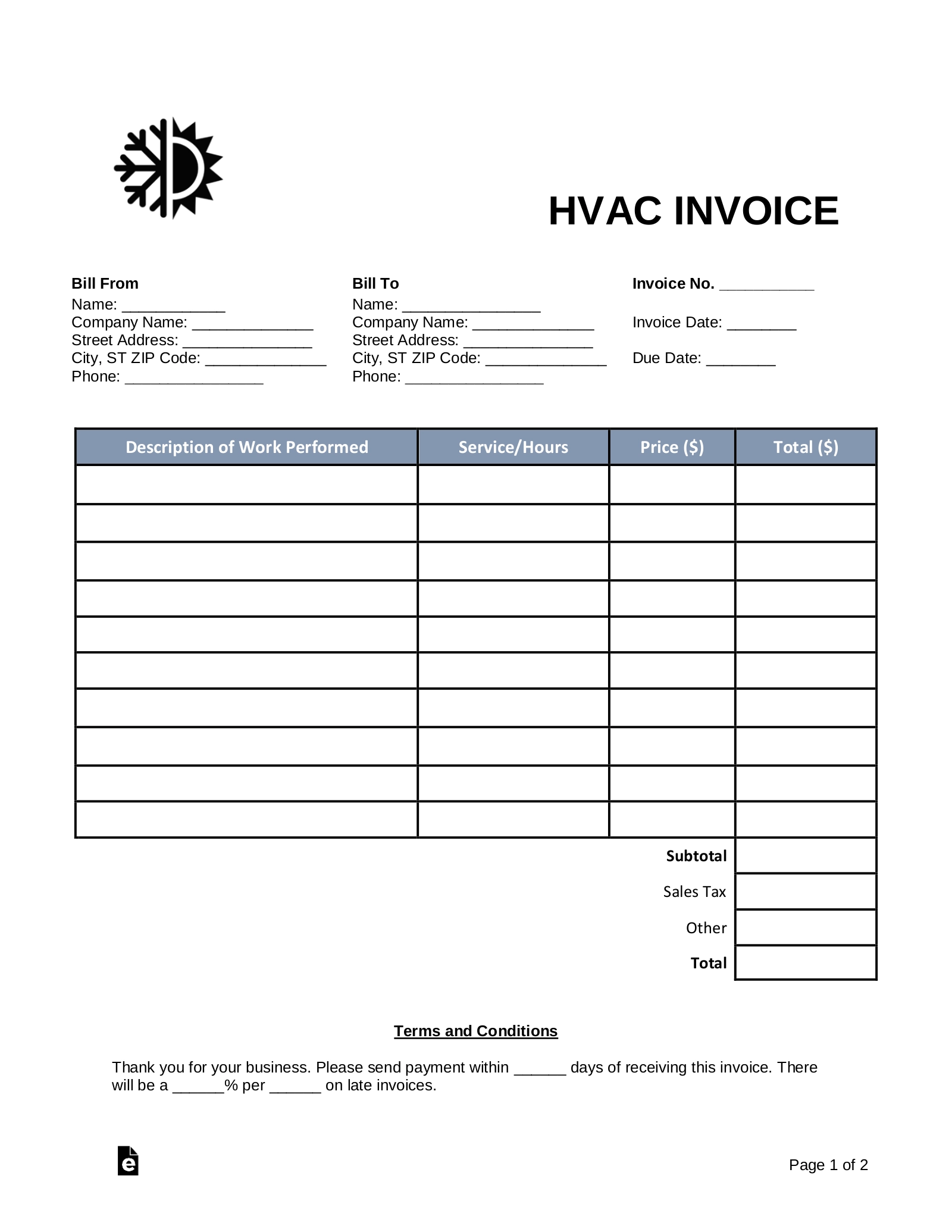 Free HVAC Invoice Template PDF Word EForms
