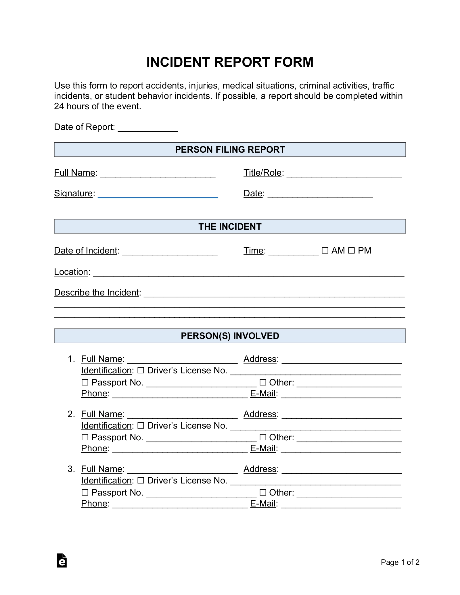 Free Incident Report Templates 18 Sample PDF Word EForms