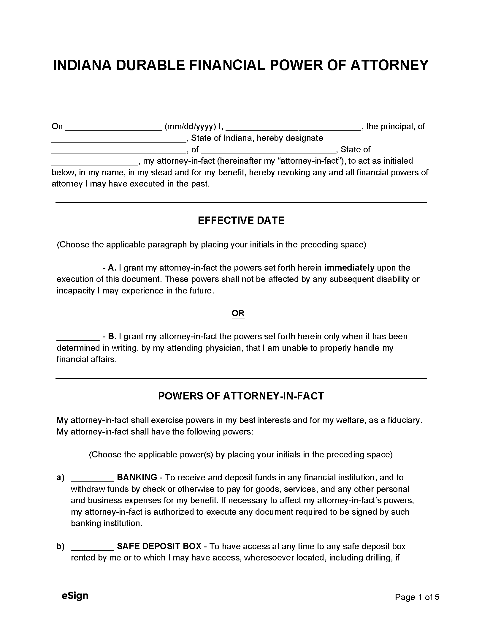 Free Indiana Durable Power Of Attorney Form PDF Word
