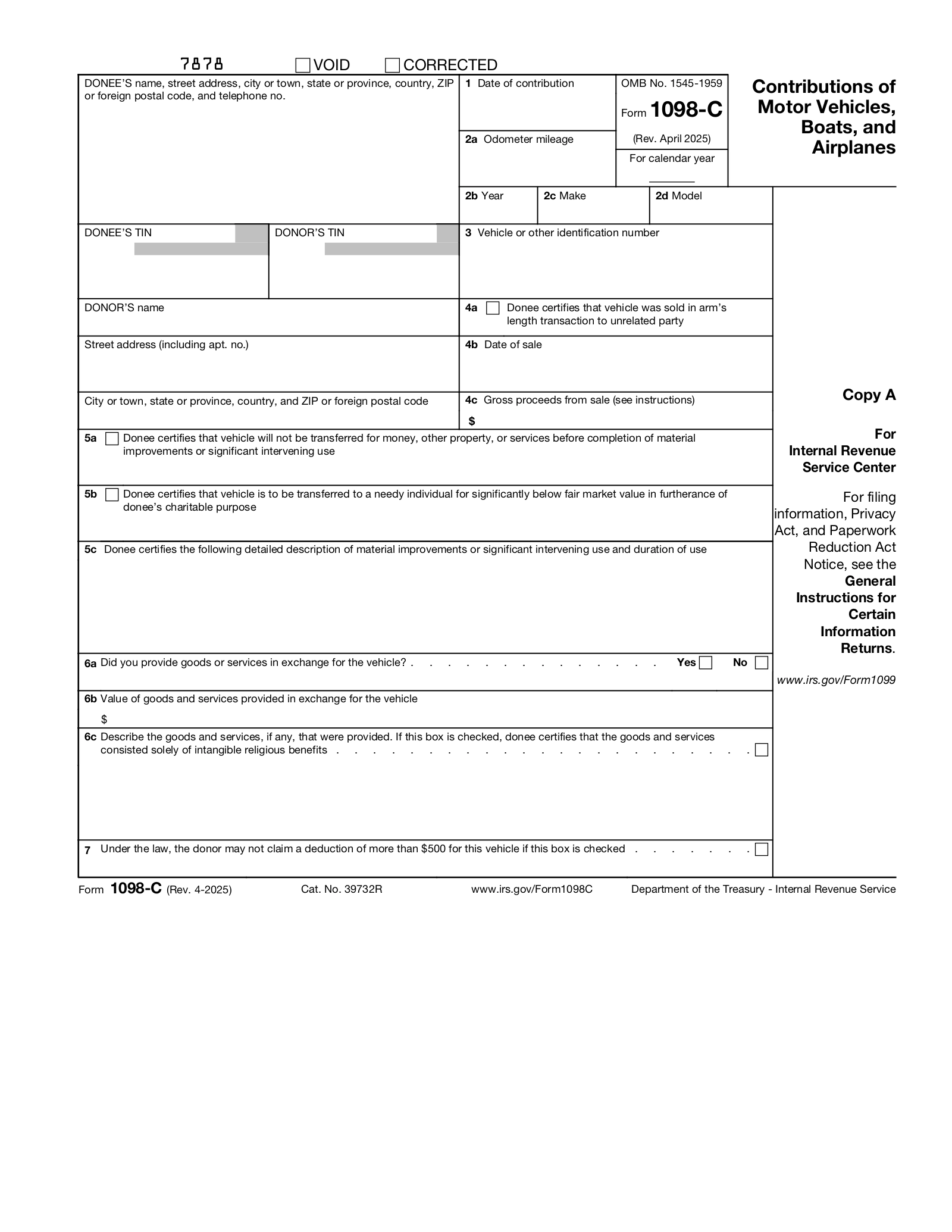 Free IRS Form 1098 C PDF EForms