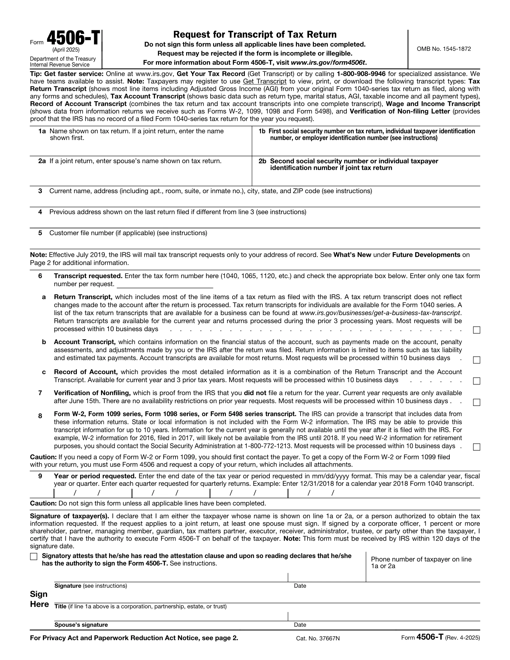 Free IRS Form 4506 T Request For Transcript Of Tax Return PDF