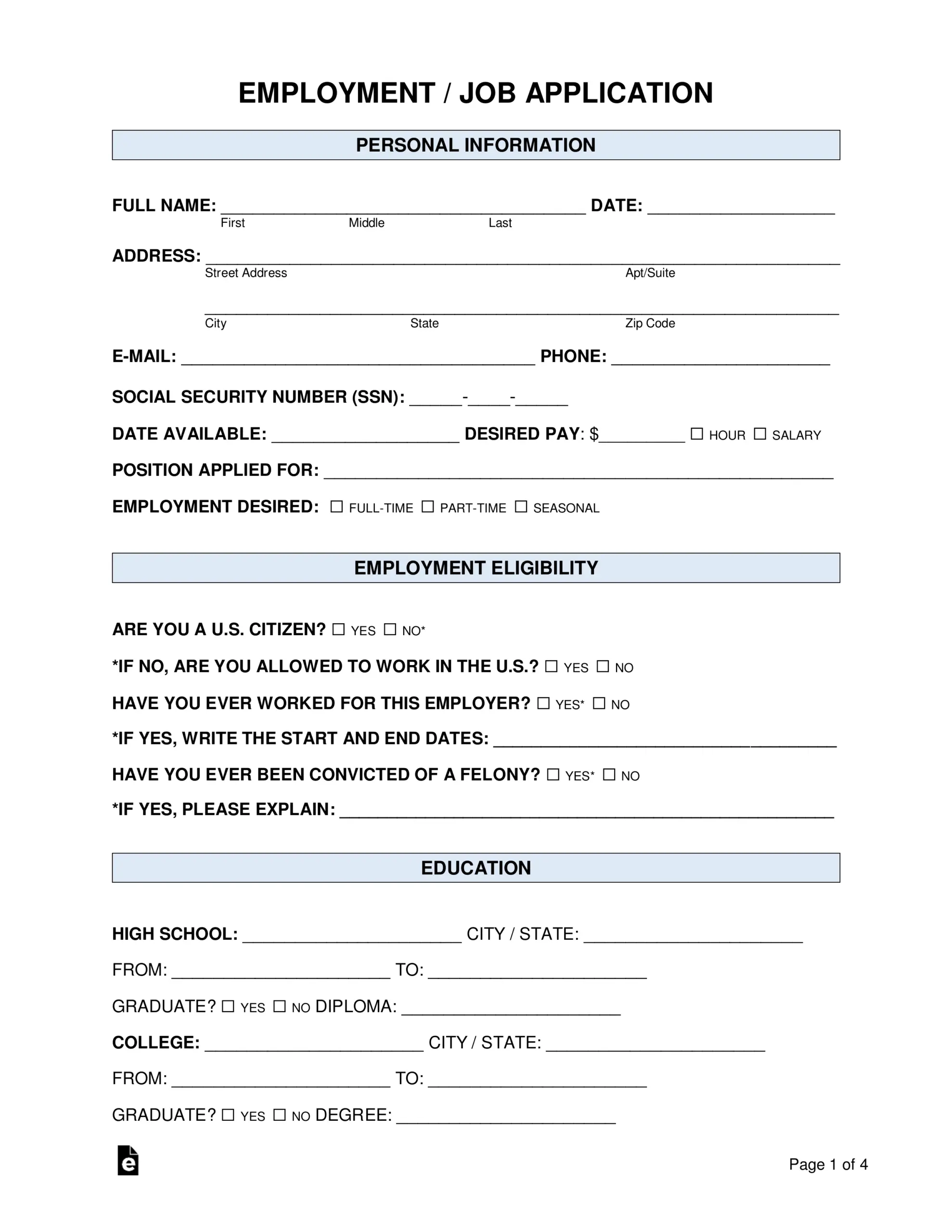 Free Job Application Forms 2 PDF Word EForms
