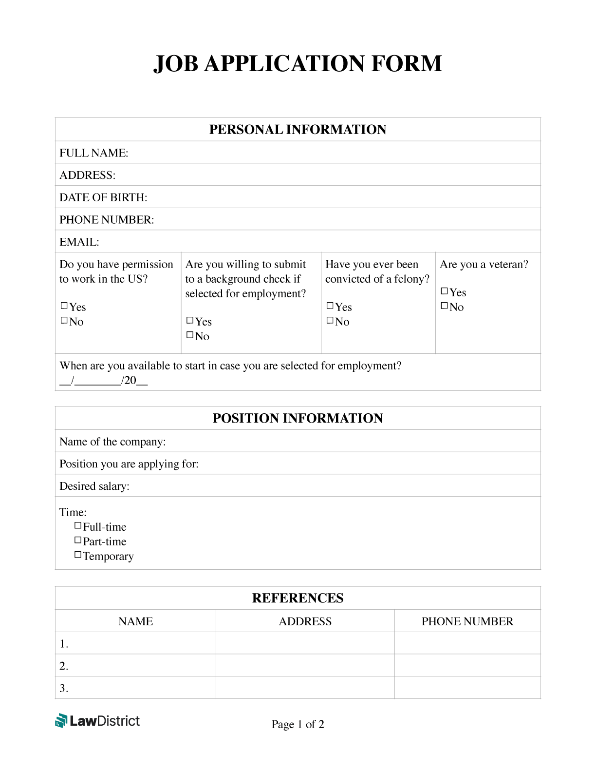 Free Job Application Forms Simple PDF Template Lawdistrict