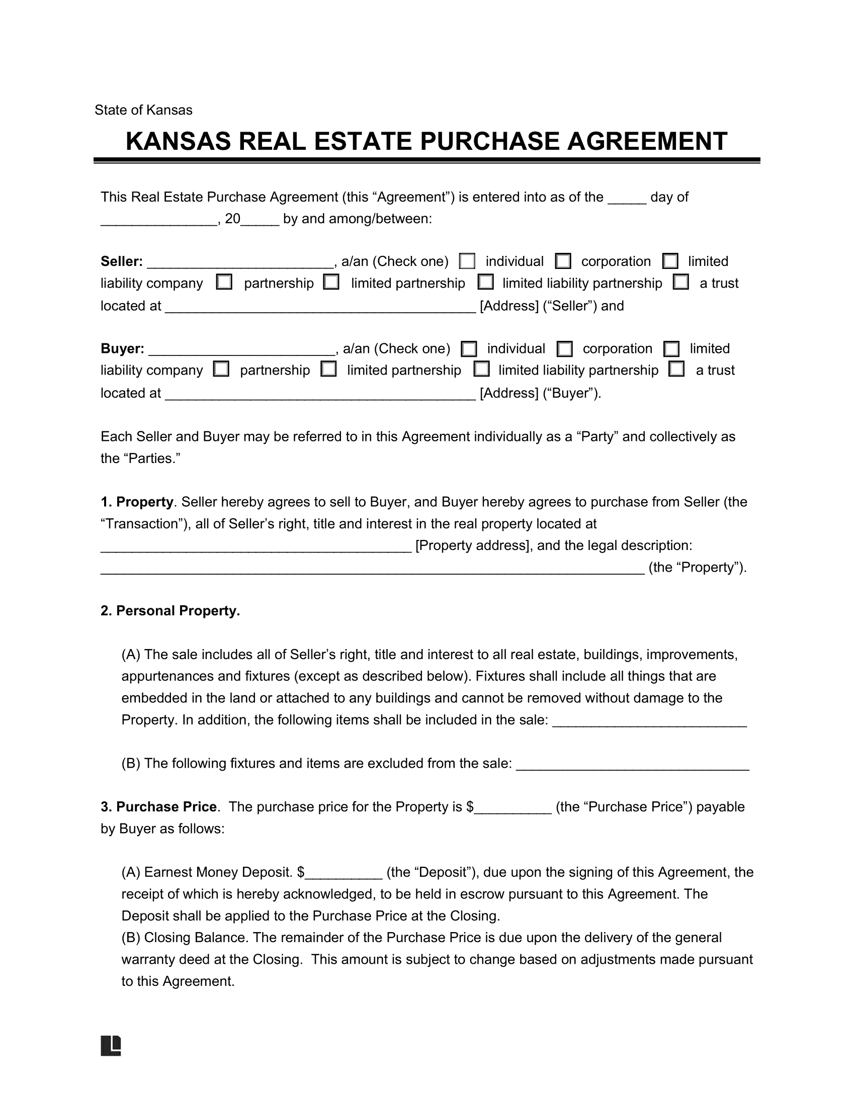Free Kansas Residential Purchase Agreement PDF Word