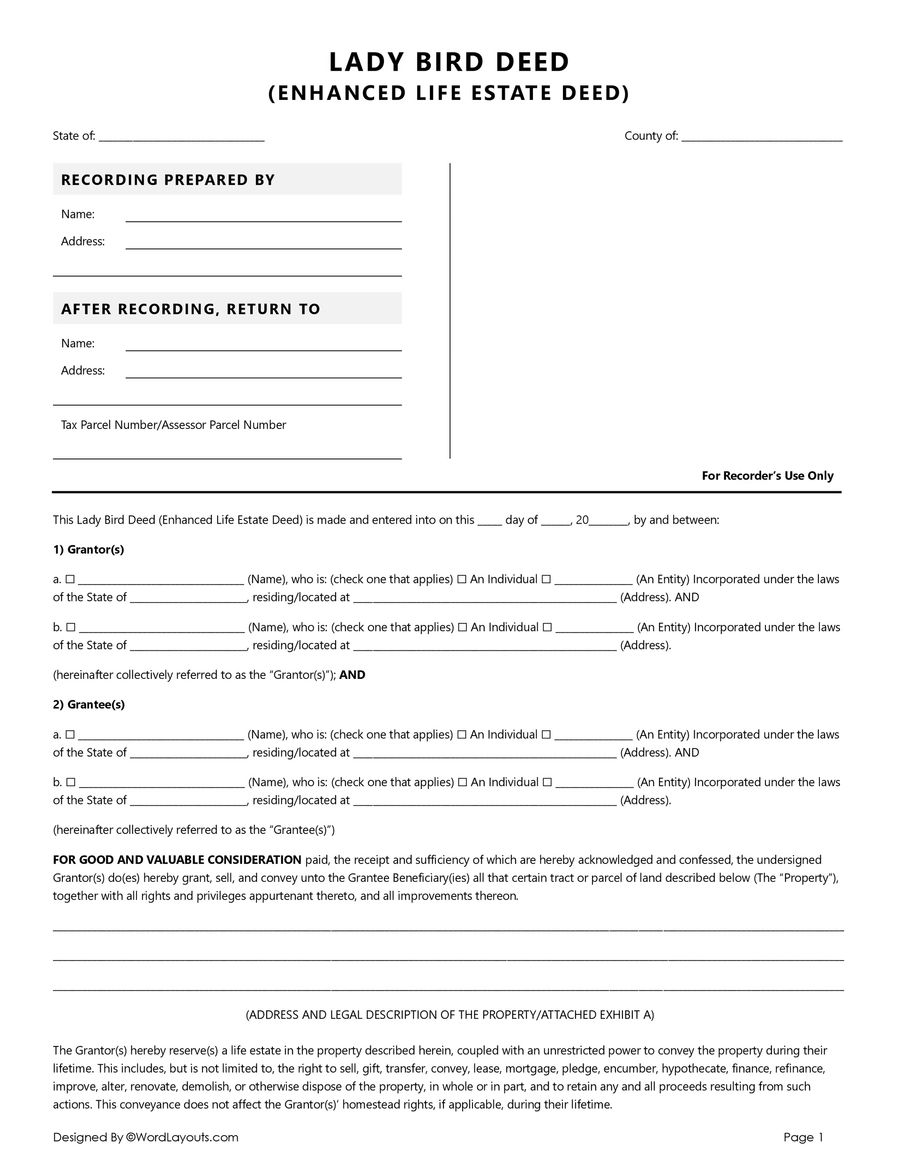 Free Lady Bird Deed Form Word Google Docs