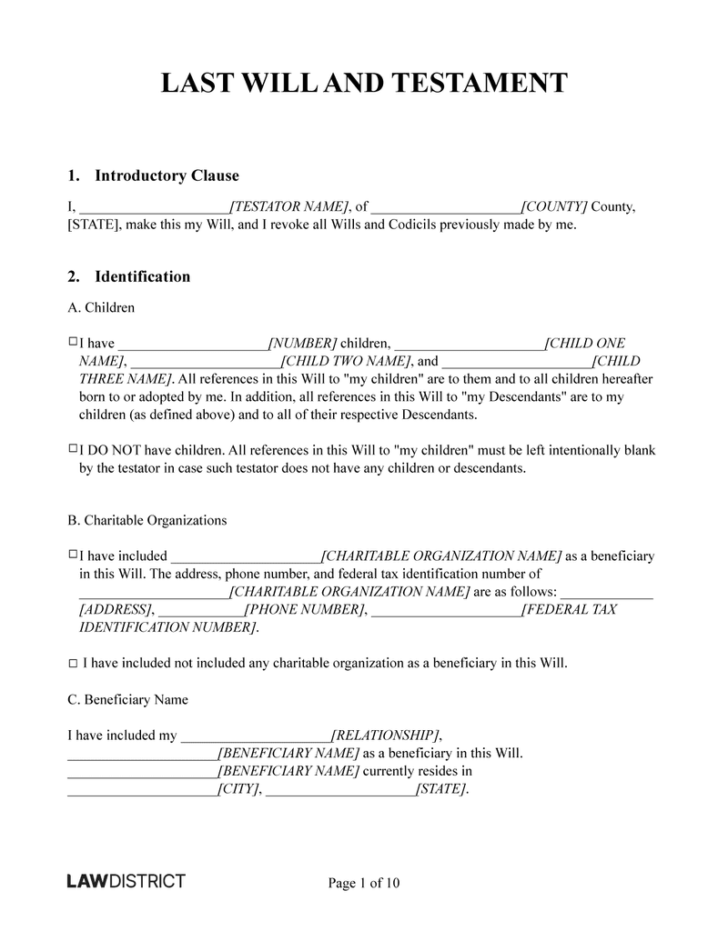 printable last will and testament forms
