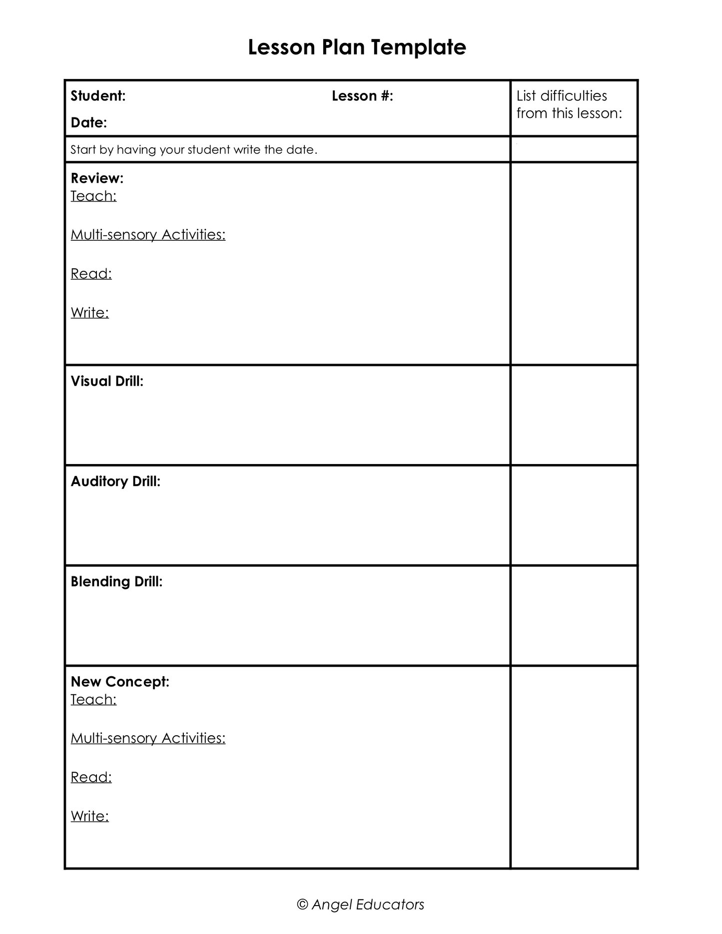 Free Lesson Plan Template Angel Educators