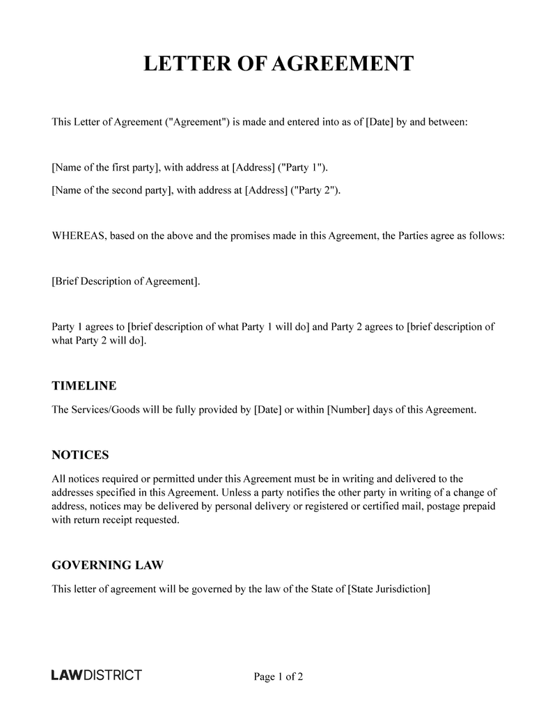 Free Letter Of Agreement LOA Sample Template Lawdistrict