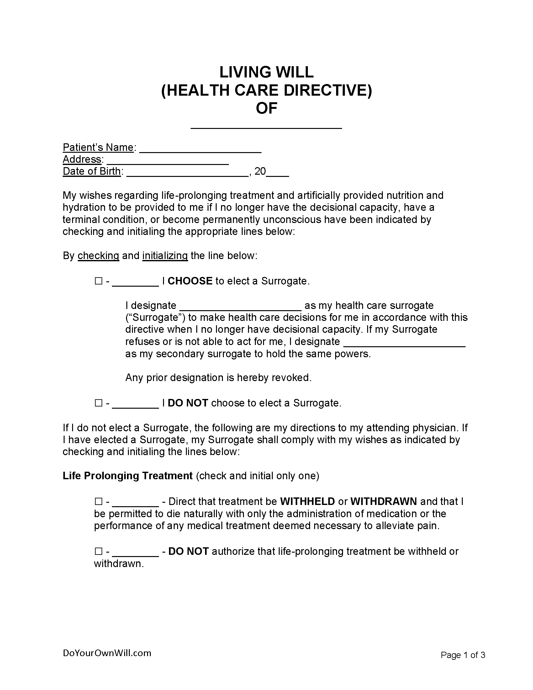 Free Living Will Form Health Care Directive PDF WORD ODT
