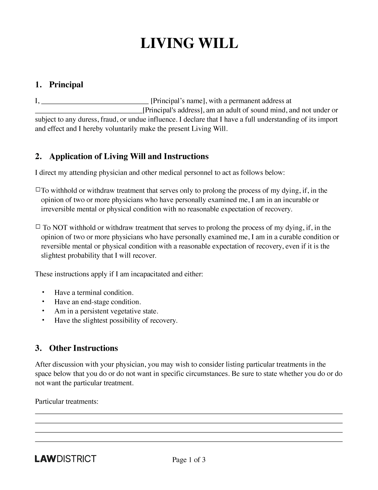 Free Living Will Template With Sample PDF Word Lawdistrict