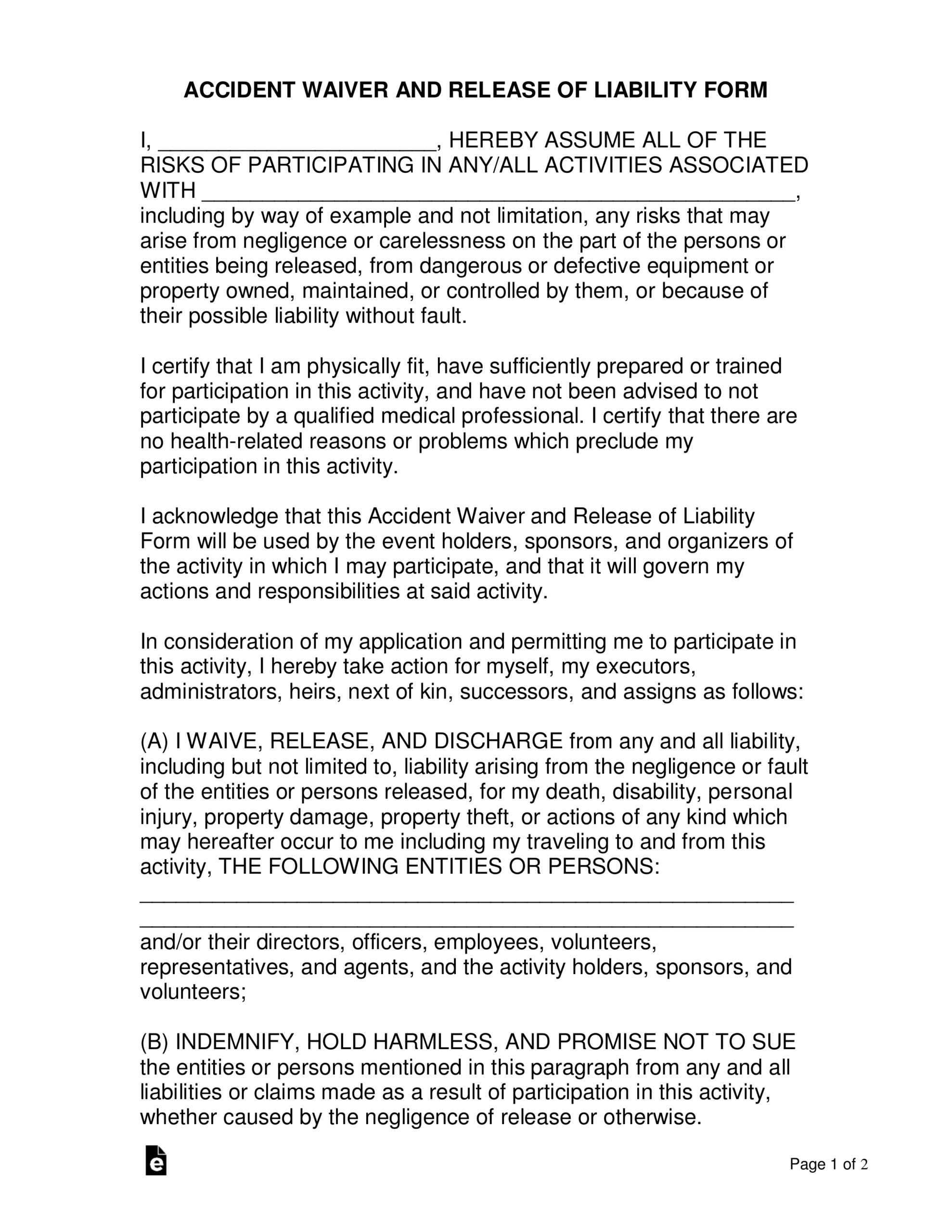 Free Location Release Of Liability Form PDF Word EForms