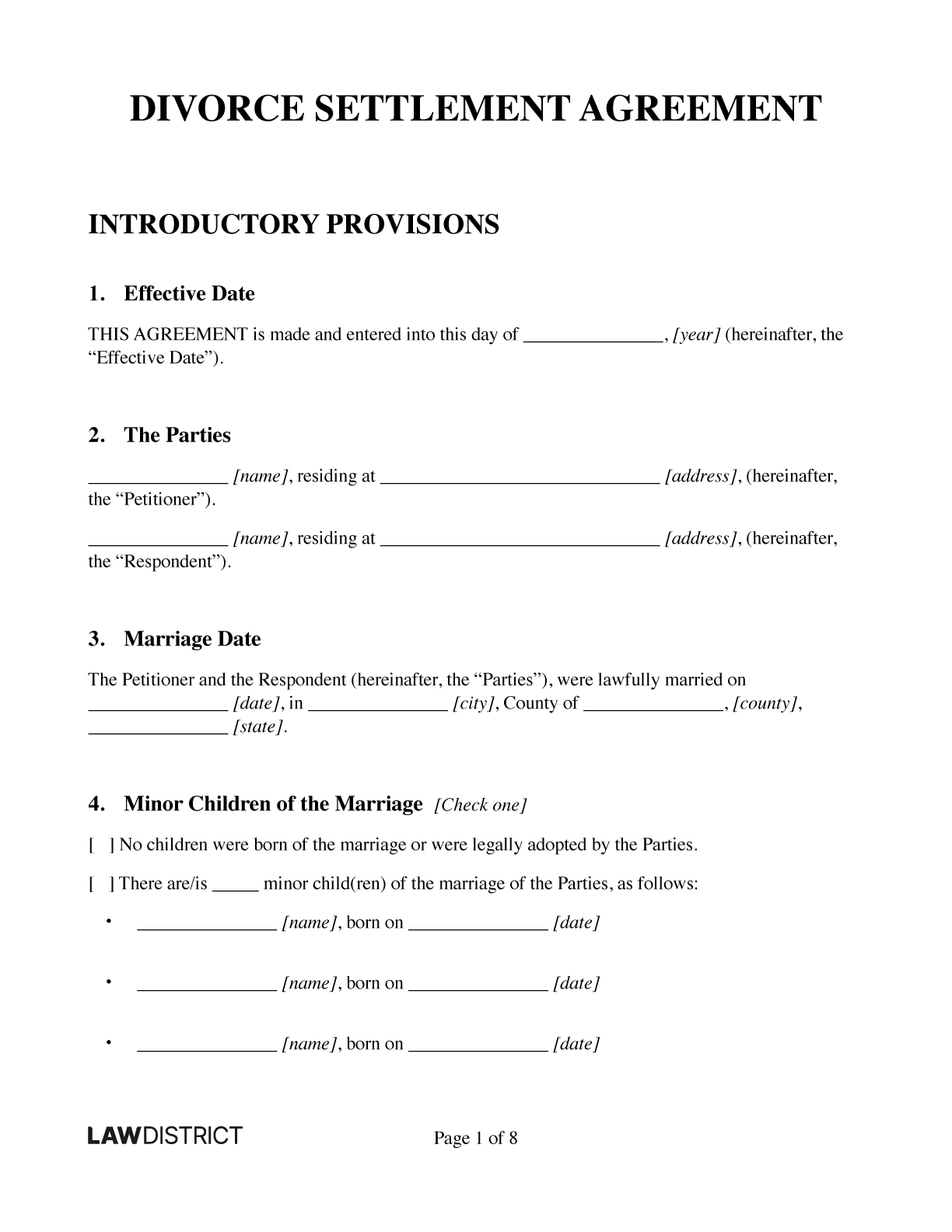 Free Marital Settlement Agreement Divorce Template Lawdistrict