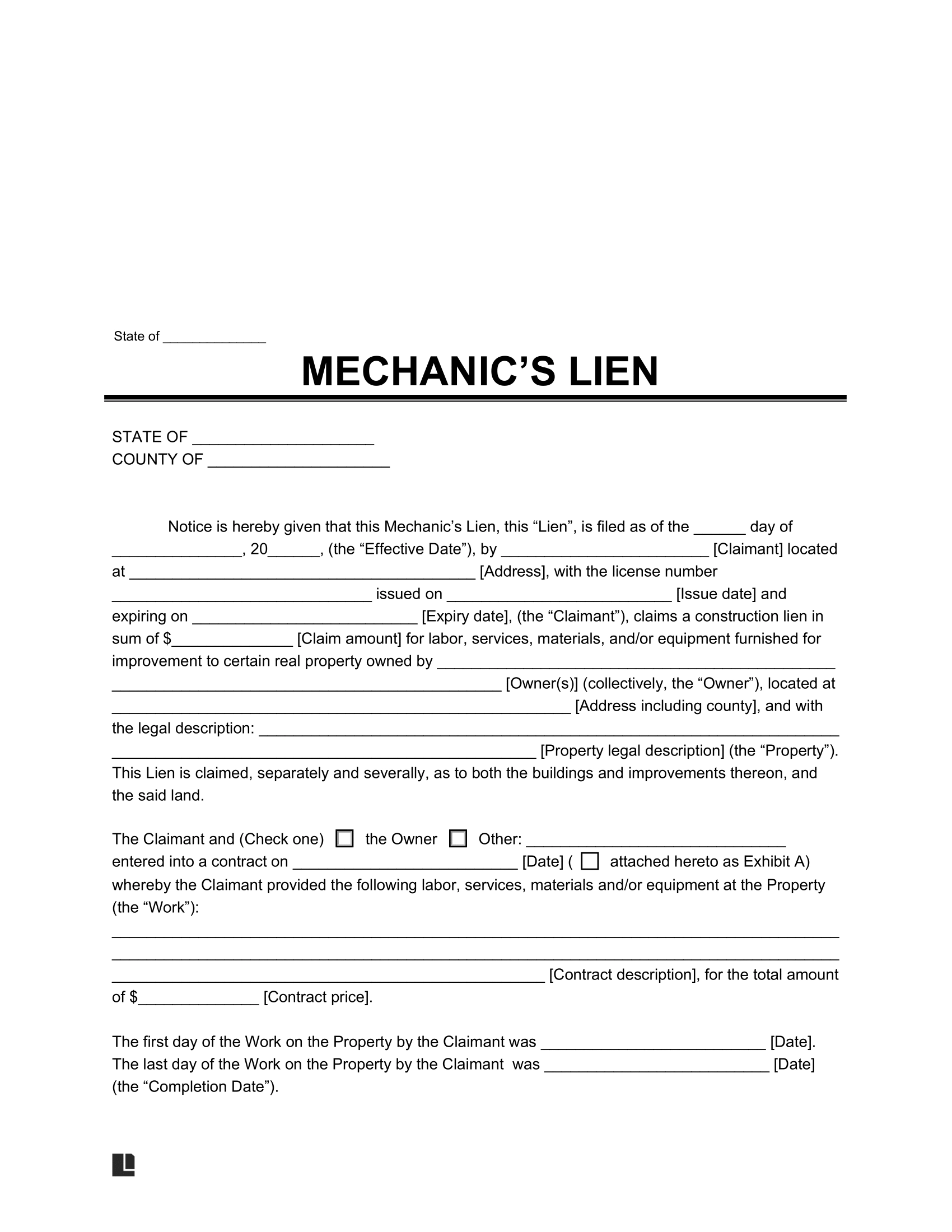 Free Mechanic s Lien Form PDF Word