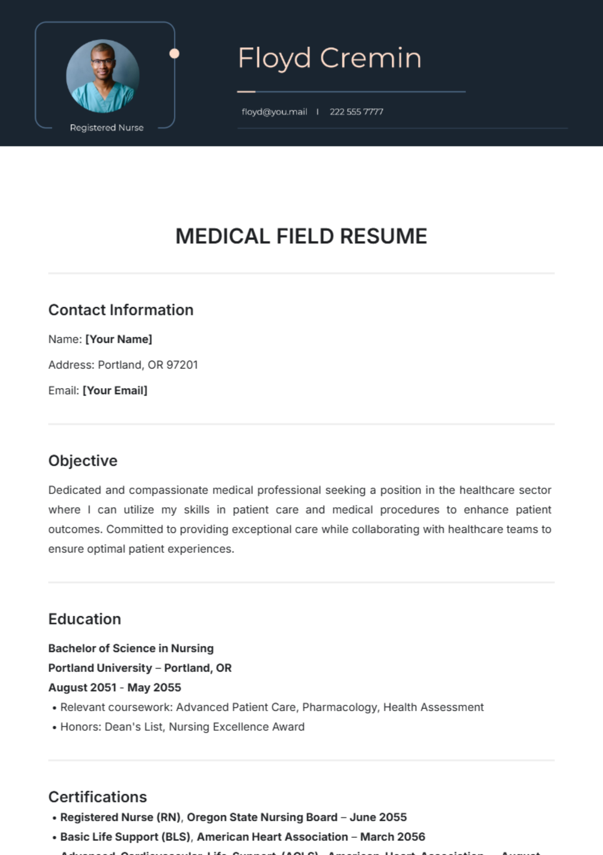 Free Medical Field Resume Template To Edit Online