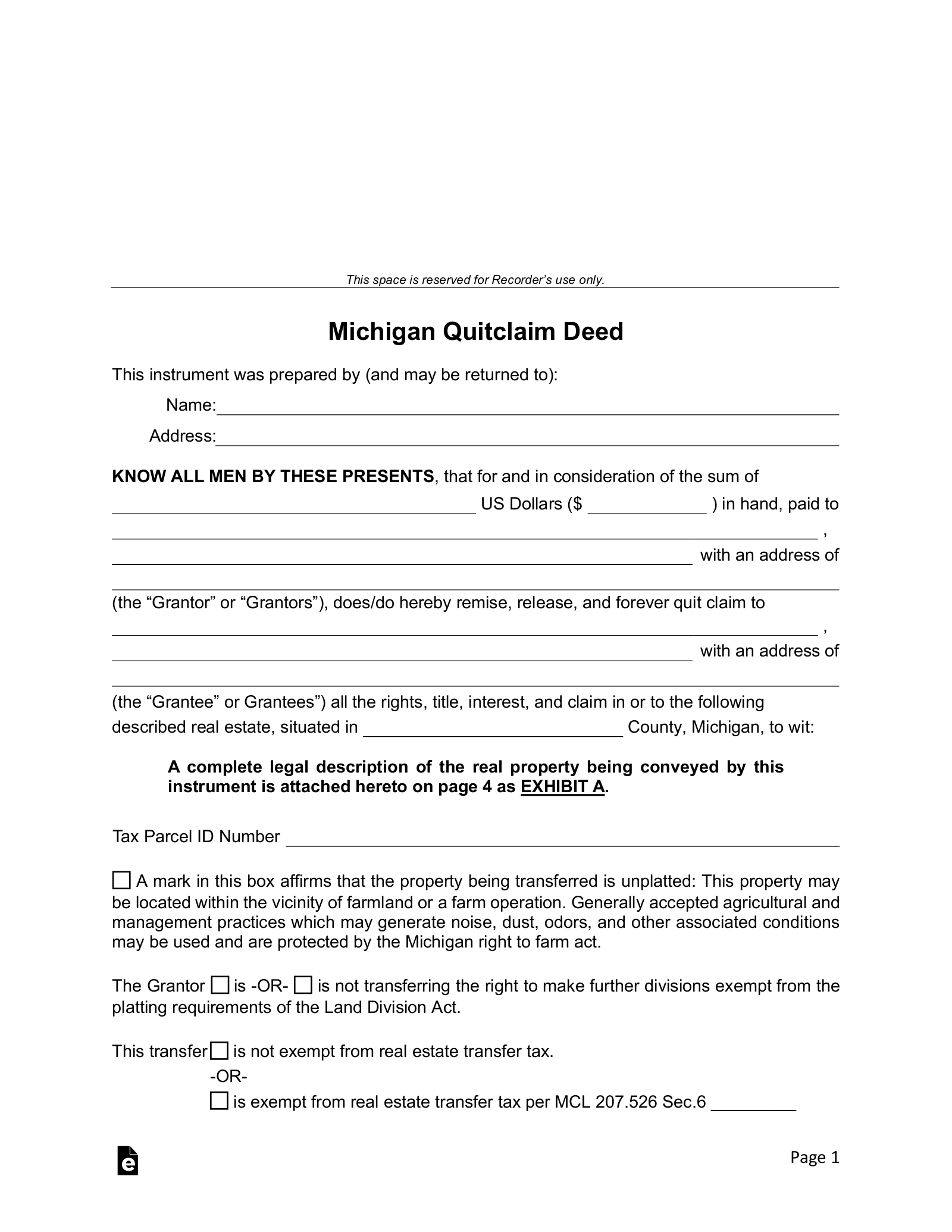 Free Michigan Quit Claim Deed Form PDF Word EForms
