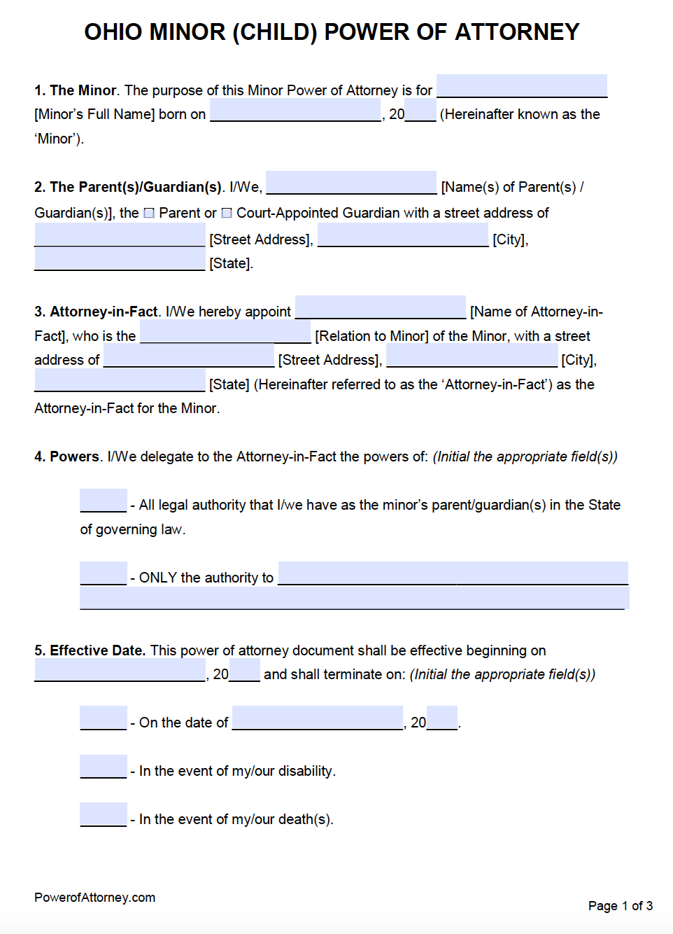 Free Minor Child Power Of Attorney Ohio
